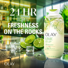 Olay Lime It Up body wash bottle with lime and ice, 24/7 freshness