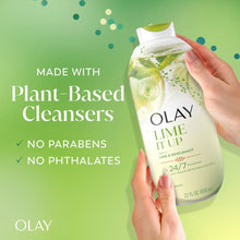 Olay Lime It Up body wash bottle held in hands, plant-based cleansers