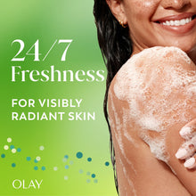 Olay Lime It Up body wash foam on skin, 24/7 freshness for radiant skin