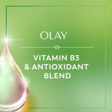 Olay body wash Vitamin B3 and antioxidant blend label with droplet graphic