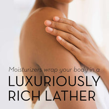Woman applying body wash to shoulder with her hand