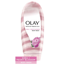 Olay body wash bottle, pink and white with peony blossom design