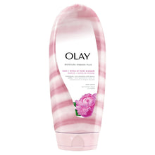 Olay body wash bottle, pink and white with peony blossom front
