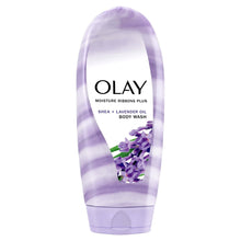 Olay body wash bottle with purple ribbon print and lavender oil flowers