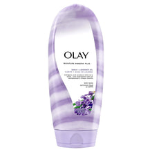 Olay body wash bottle with purple ribbon swirl and shea plus lavender oil