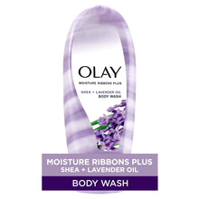Olay body wash bottle with purple ribbon design and lavender oil label