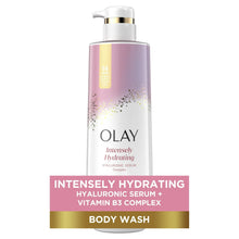 Olay intensely hydrating body wash bottle with pump, front label with banner