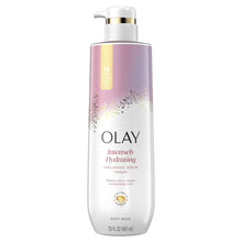 Olay intensely hydrating body wash bottle with gold pump and hyaluronic label