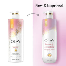 Olay intensely hydrating body wash bottle shown in two versions side by side
