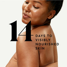 Hydrating body wash on skin with a 14-day visibly nourished skincare graphic