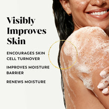 Hydrating body wash lather on arm and shoulder with visible skin-improvement message