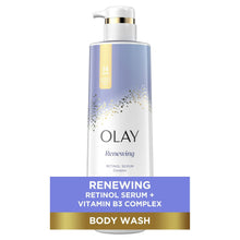 OLAY Renewing body wash bottle with gold pump, blue and white label panel