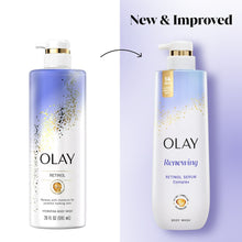 OLAY Renewing body wash bottles side by side with gold pump dispensers