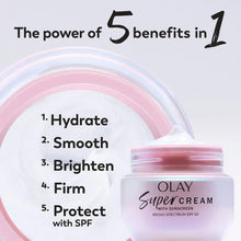 Olay Super Cream SPF 30 product jar with “5 benefits” and “Hydrate, Smooth, Brighten”