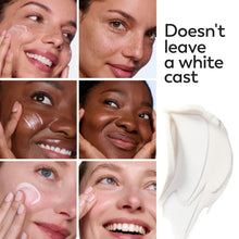 Olay Super Cream SPF 30 on face skin, cream application and smile close-up