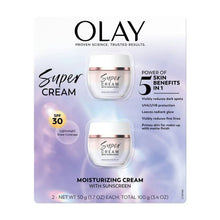 Olay Super Cream SPF 30 moisturizier with sunscreen box showing two cream jars