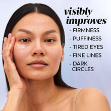 Woman touching under-eye area with “visibly improves” firmness and puffiness list