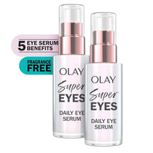 Pair of Olay Super Eyes daily eye serum bottles with pink pumps