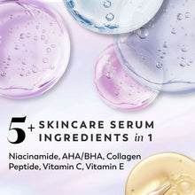 Skincare serum gel droplets in purple and blue with ingredient callouts