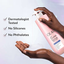 Body wash bottle held in hands with checkmarks for dermatologist-tested benefits