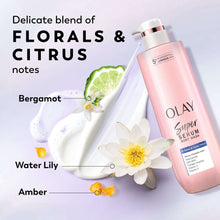 Body wash bottle with floral and citrus illustrations beside it