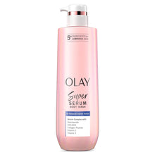 Olay Super Serum body wash bottle with pink liquid and pump dispenser, 20 oz