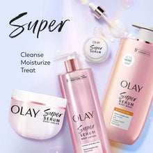 Olay Super Serum body wash and lotion set, pink bottles and cream jar