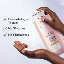 Olay Super Serum Body Wash bottle held in hands with dermatologist-tested icons