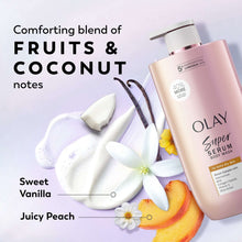 Olay Super Serum Body Wash bottle with coconut, vanilla, and juicy peach accents