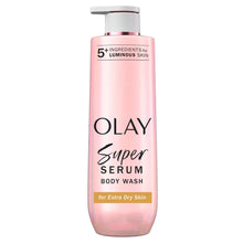Olay Super Serum body wash bottle with pump, pink liquid cleanser