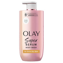 Olay Super Serum Body Wash bottle, pink serum-skin design with white cap