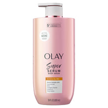 Olay Super Serum body wash bottle, pink plastic pump, 28 fl oz.