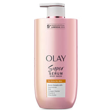 Olay Super Serum body wash bottle, pink with 'Extra Dry Skin' label.