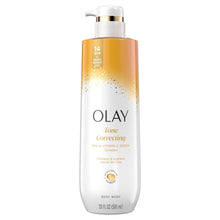 Olay Tone Correcting body wash bottle with pump, front label visible