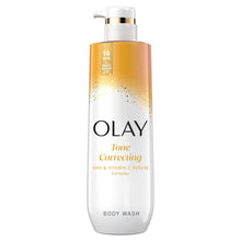 Olay Tone Correcting body wash bottle with pump, amber label on white bottle