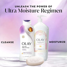 OLAY Age Defy body wash bottles and soap bar, white bottles with purple caps