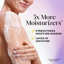 Foamy body wash lather on skin with a hand during cleansing