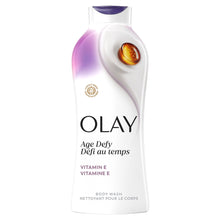 OLAY Age Defy body wash bottle, white and purple with vitamin E label
