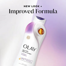 OLAY Age Defy body wash bottle with purple cap and vitamin E symbol