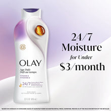 OLAY Age Defy body wash bottle, white and purple cap with vitamin E icon