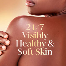 Skin close-up with text overlay reading '24/7 Visibly Healthy & Soft Skin'