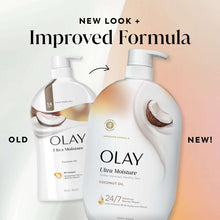 Body wash bottles labeled 'Old' and 'New' improved formula with coconut oil