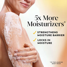 Body wash lather on skin with '5x More Moisturizers' text and checkmarks