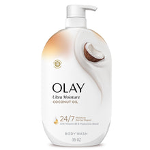 Body wash bottle with pump and coconut oil label, Olay branding and coconut half