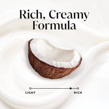 Creamy body wash texture swirl with coconut half and 'Rich, Creamy Formula' scale