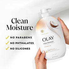 Body wash bottle with pump held in hand, clean icons for no parabens, phthalates, silicones