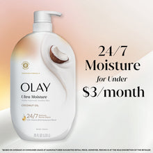 Body wash bottle with pump and coconut oil label, '24/7 Moisture for Under $3/month' text
