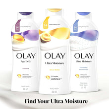 Olay Ultra Moisture body wash bottles lineup with different label colors