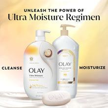 Olay Ultra Moisture body wash bottles with pump and moisturizing soap bar