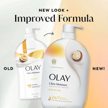 Olay Ultra Moisture body wash bottles labeled old and new, improved formula